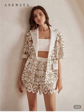 ANEWSTA Embroidered White & Gold Short Suit Set